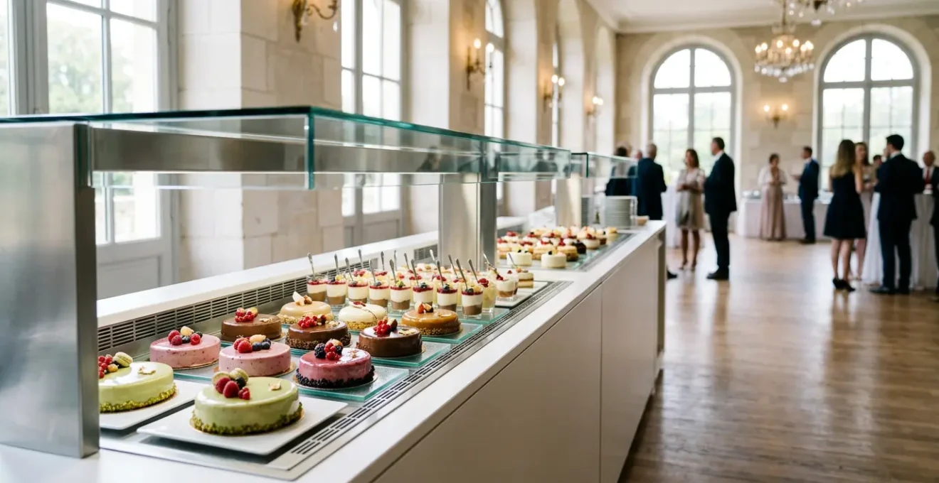 Buffet desserts réfrigéré lors d'un événement professionnel avec système de maintien au froid