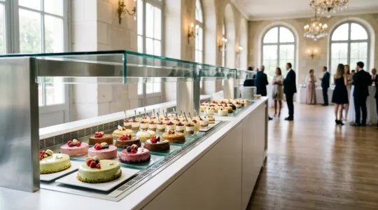 Buffet desserts réfrigéré lors d'un événement professionnel avec système de maintien au froid