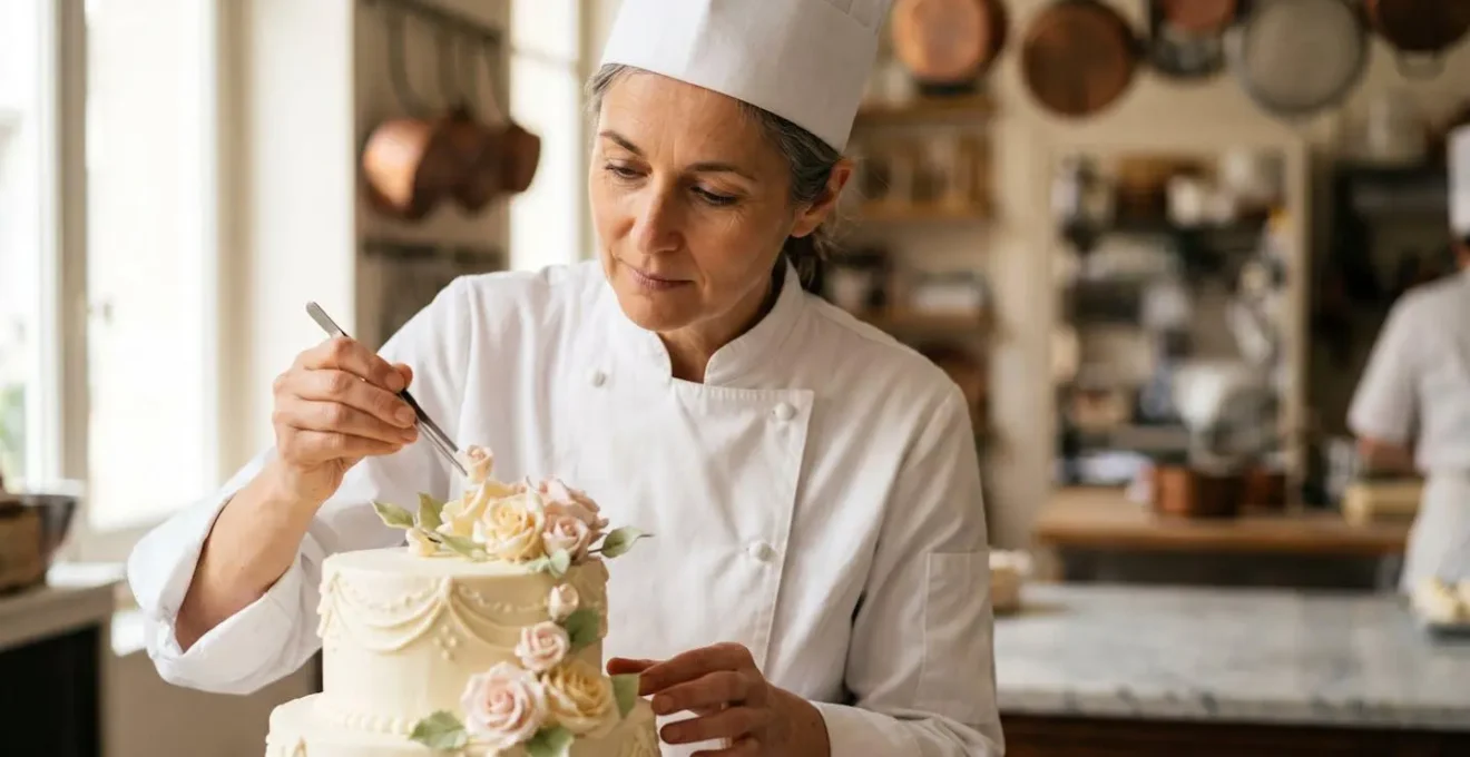 Pâtissier artisan français créant une pièce montée élégante dans son laboratoire