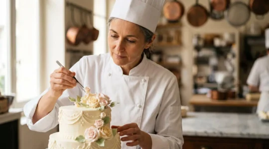 Pâtissier artisan français créant une pièce montée élégante dans son laboratoire