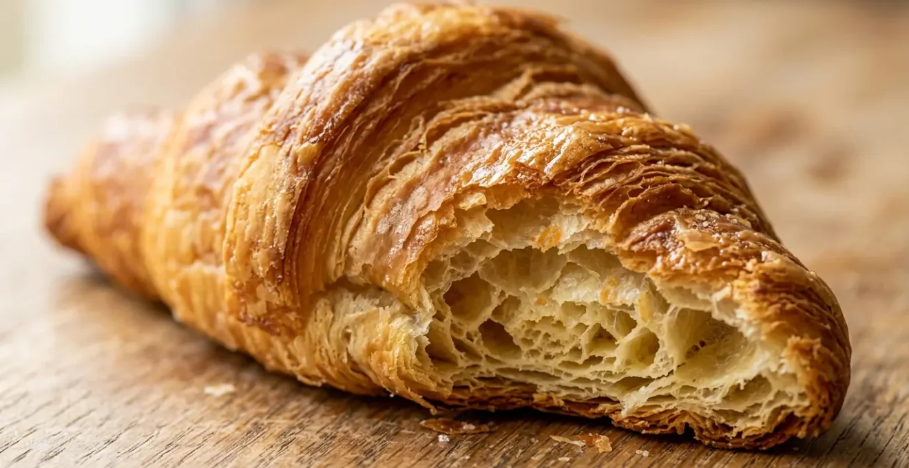 Croissant artisanal pur beurre au feuilletage doré et alvéoles irrégulières sur une surface artisanale