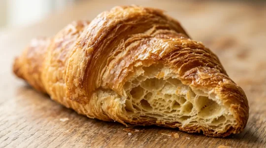 Croissant artisanal pur beurre au feuilletage doré et alvéoles irrégulières sur une surface artisanale