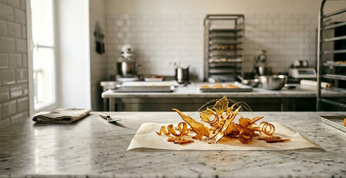 Décors en caramel cassant doré et transparent pour pâtisserie professionnelle
