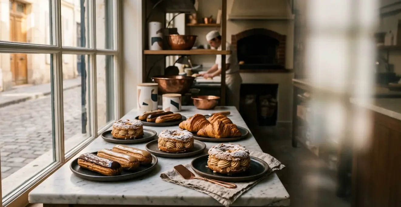 Pâtisserie française artisanale fraîchement confectionnée présentée dans une vitrine de pâtisserie traditionnelle