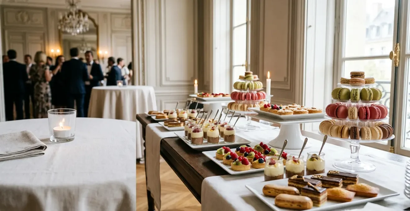 Buffet élégant de desserts français pour événements spéciaux avec pâtisseries variées et créations sucrées raffinées