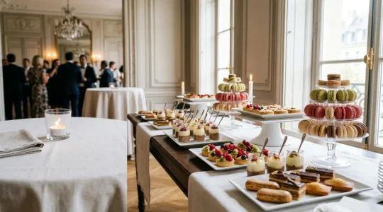 Buffet élégant de desserts français pour événements spéciaux avec pâtisseries variées et créations sucrées raffinées