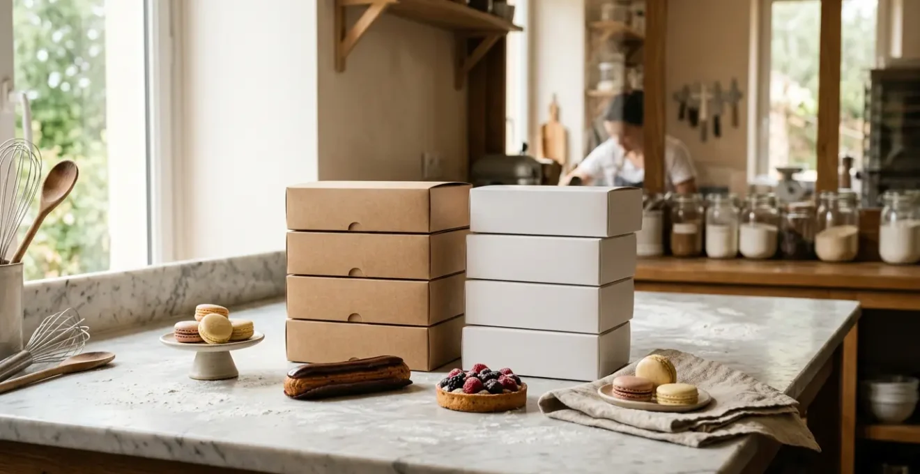 Emballage écologique en carton kraft recyclé pour pâtisseries artisanales françaises