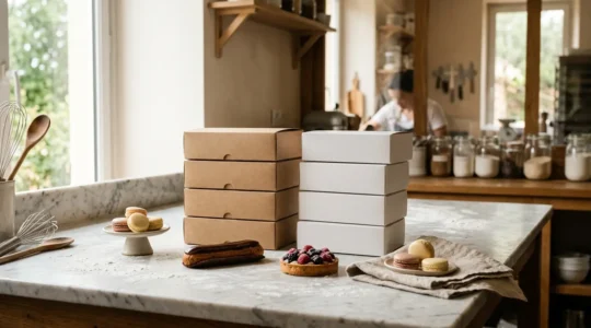 Emballage écologique en carton kraft recyclé pour pâtisseries artisanales françaises