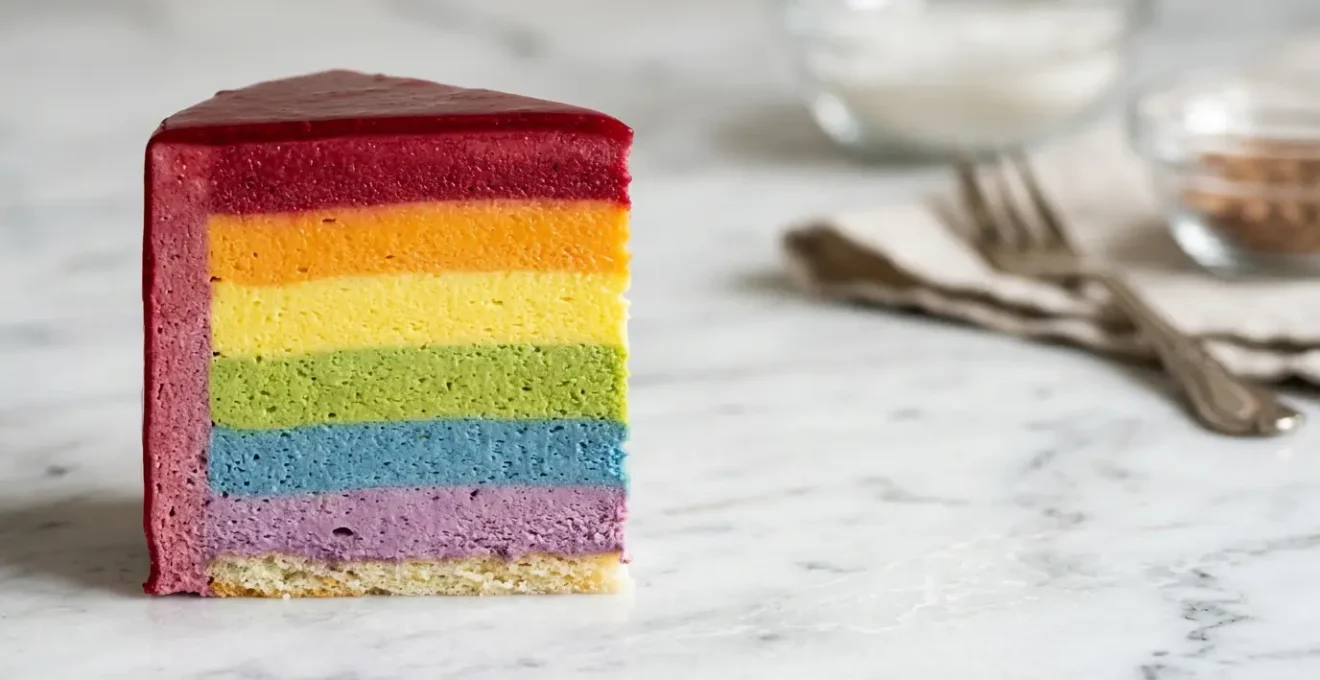 Entremet aux couches colorées arc-en-ciel révélées à la coupe, effet visuel spectaculaire
