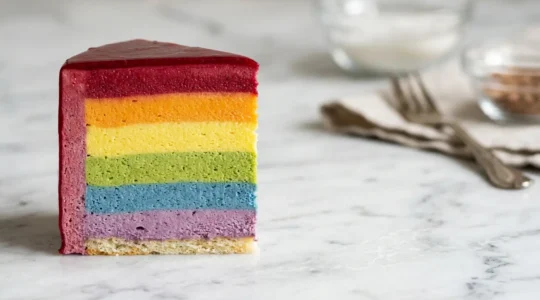 Entremet aux couches colorées arc-en-ciel révélées à la coupe, effet visuel spectaculaire