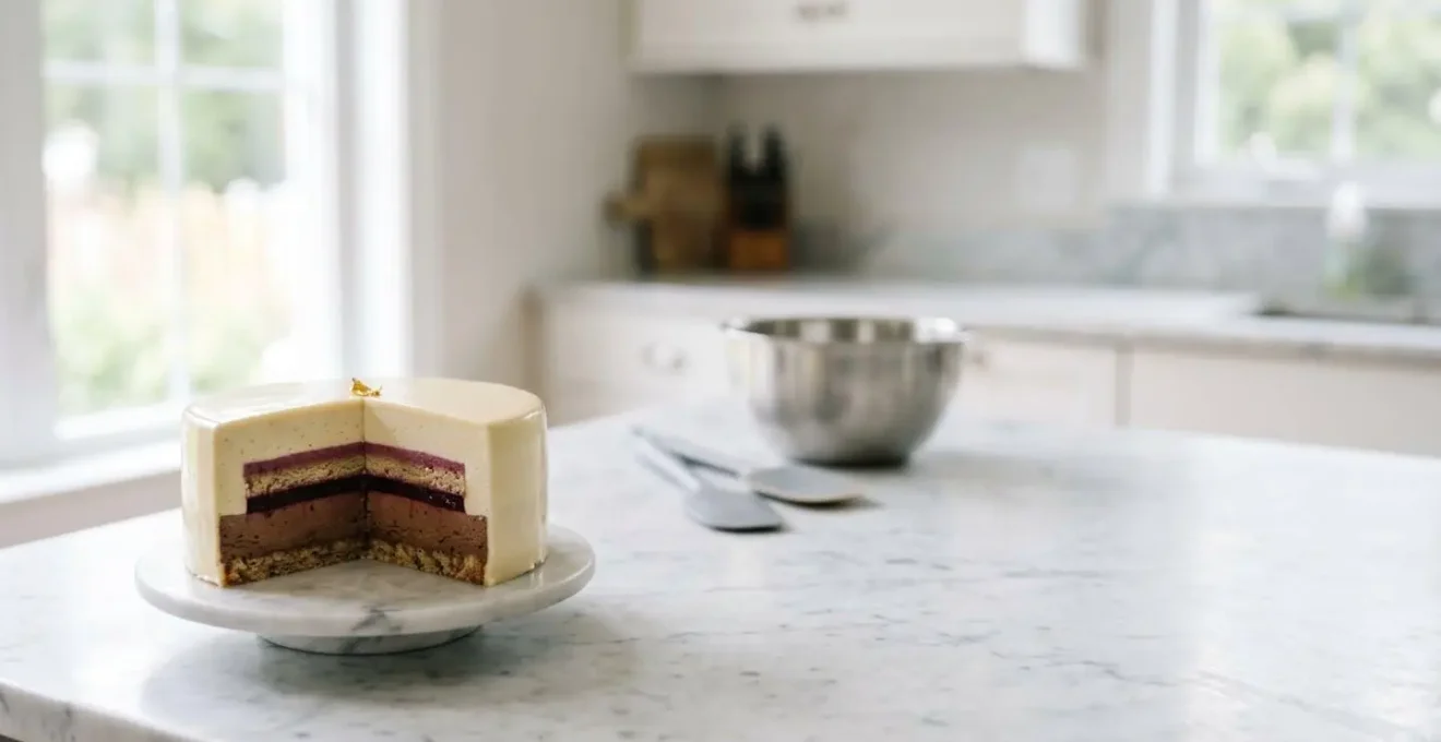 Entremet à plusieurs couches présenté dans un environnement de cuisine domestique, avec des outils de pâtisserie accessibles