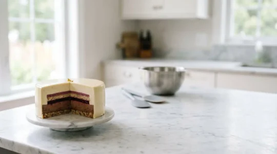 Entremet à plusieurs couches présenté dans un environnement de cuisine domestique, avec des outils de pâtisserie accessibles