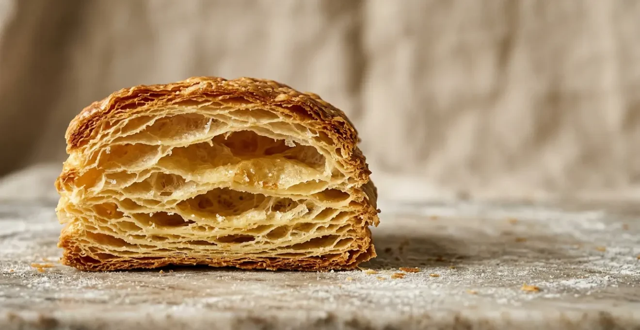 Pâte feuilletée artisanale aux multiples couches dorées et croustillantes réalisée avec du beurre AOP
