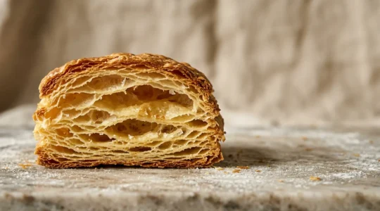 Pâte feuilletée artisanale aux multiples couches dorées et croustillantes réalisée avec du beurre AOP