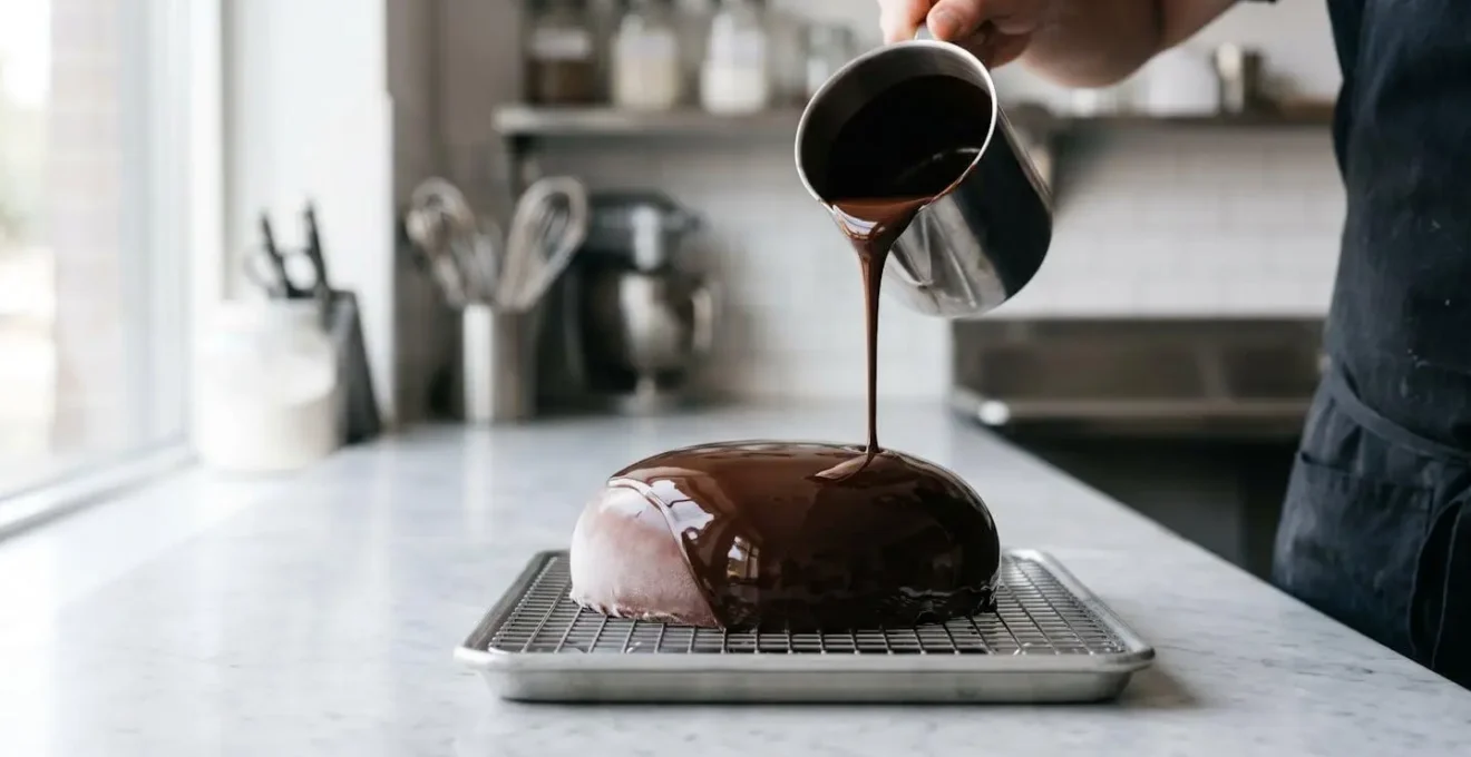 Glaçage miroir ultra-brillant coulant sur un entremet congelé, surface lisse et réfléchissante