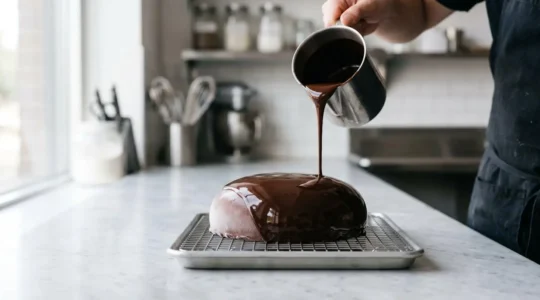 Glaçage miroir ultra-brillant coulant sur un entremet congelé, surface lisse et réfléchissante