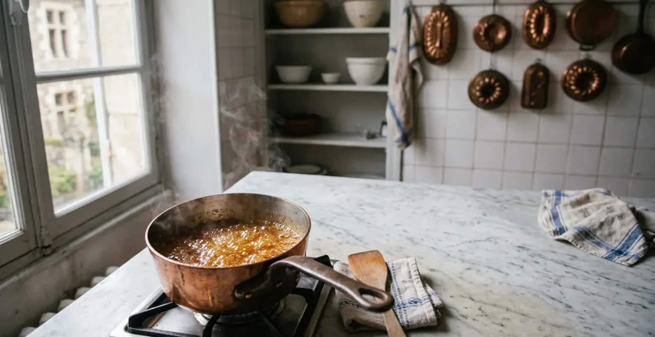 Scène de pâtisserie artisanale française avec cuisson du sucre en cours, sans texte visible