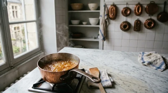 Scène de pâtisserie artisanale française avec cuisson du sucre en cours, sans texte visible