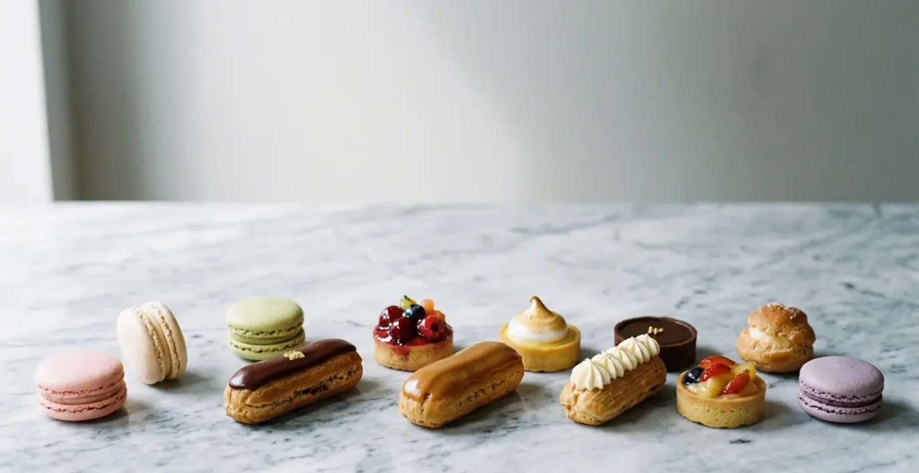 Assortiment de mignardises pâtissières individuelles présentées avec soin sur une surface minimaliste