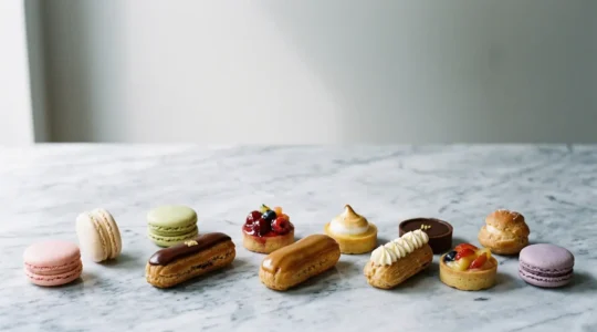 Assortiment de mignardises pâtissières individuelles présentées avec soin sur une surface minimaliste