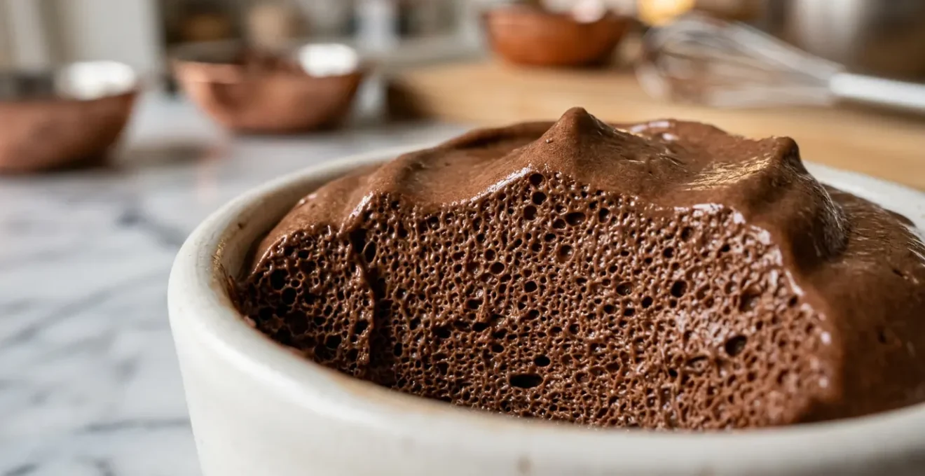 Mousse au chocolat aérienne dans un bol de pâtissier, texture légère et parfaite