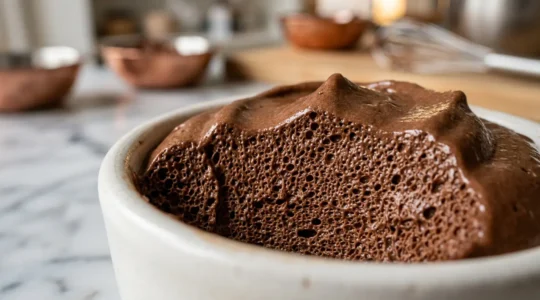 Mousse au chocolat aérienne dans un bol de pâtissier, texture légère et parfaite