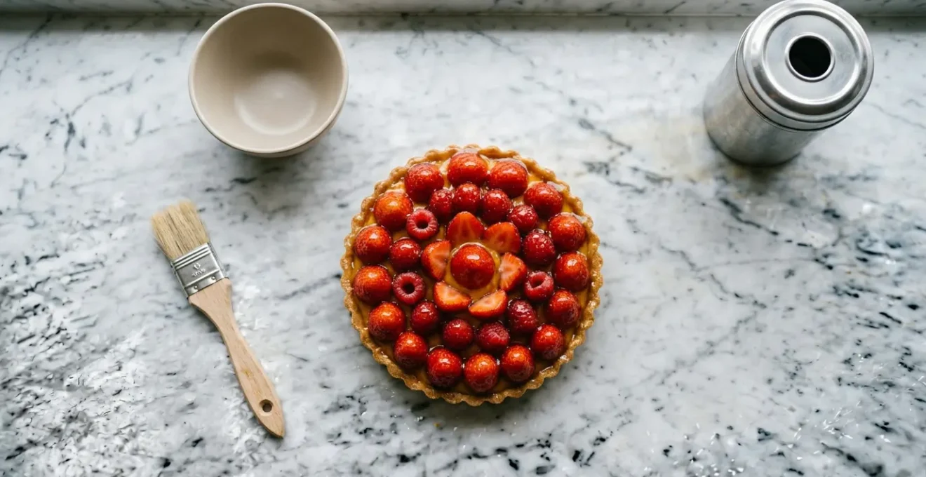 Nappage professionnel sur tarte aux fruits frais avec effet brillant miroir en pâtisserie artisanale