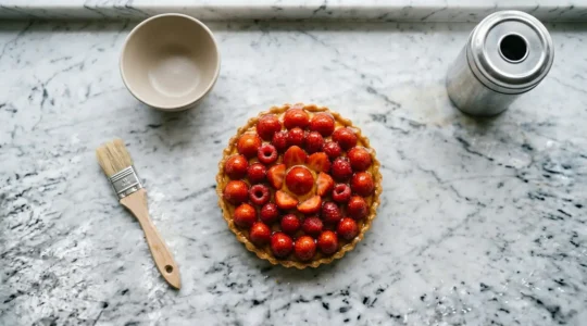 Nappage professionnel sur tarte aux fruits frais avec effet brillant miroir en pâtisserie artisanale
