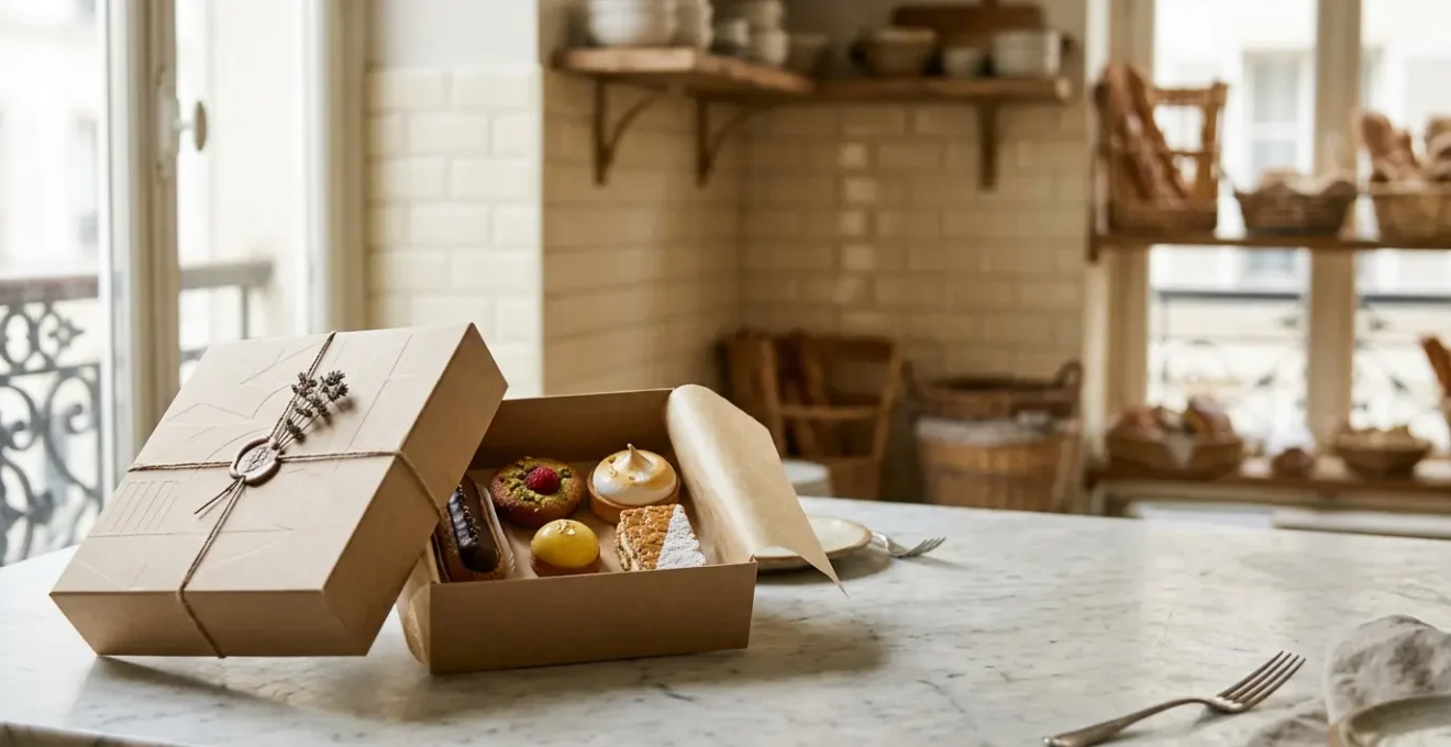 Boîte pâtissière artisanale élégante avec détails sophistiqués évoquant l'expérience sensorielle