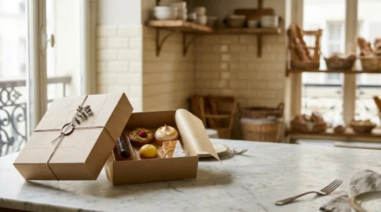 Boîte pâtissière artisanale élégante avec détails sophistiqués évoquant l'expérience sensorielle