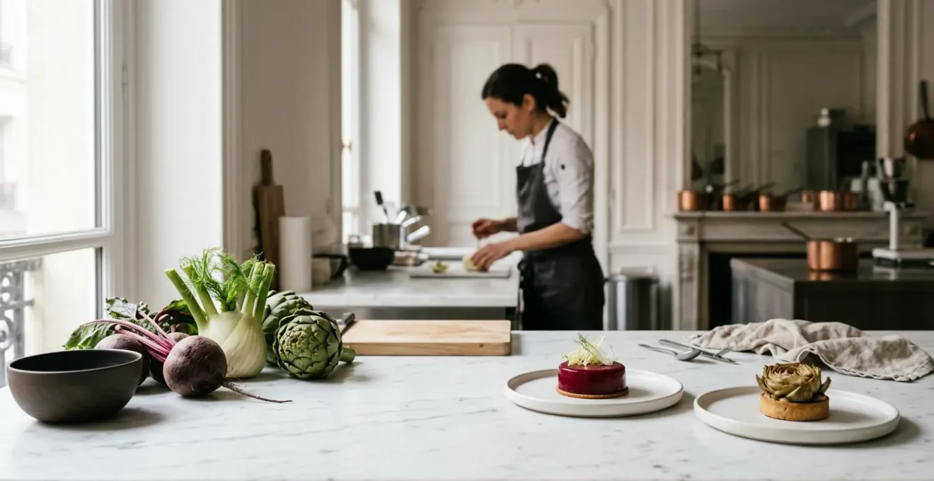 Création pâtissière contemporaine française mettant en valeur des techniques innovantes et des ingrédients de saison