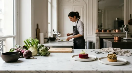 Création pâtissière contemporaine française mettant en valeur des techniques innovantes et des ingrédients de saison