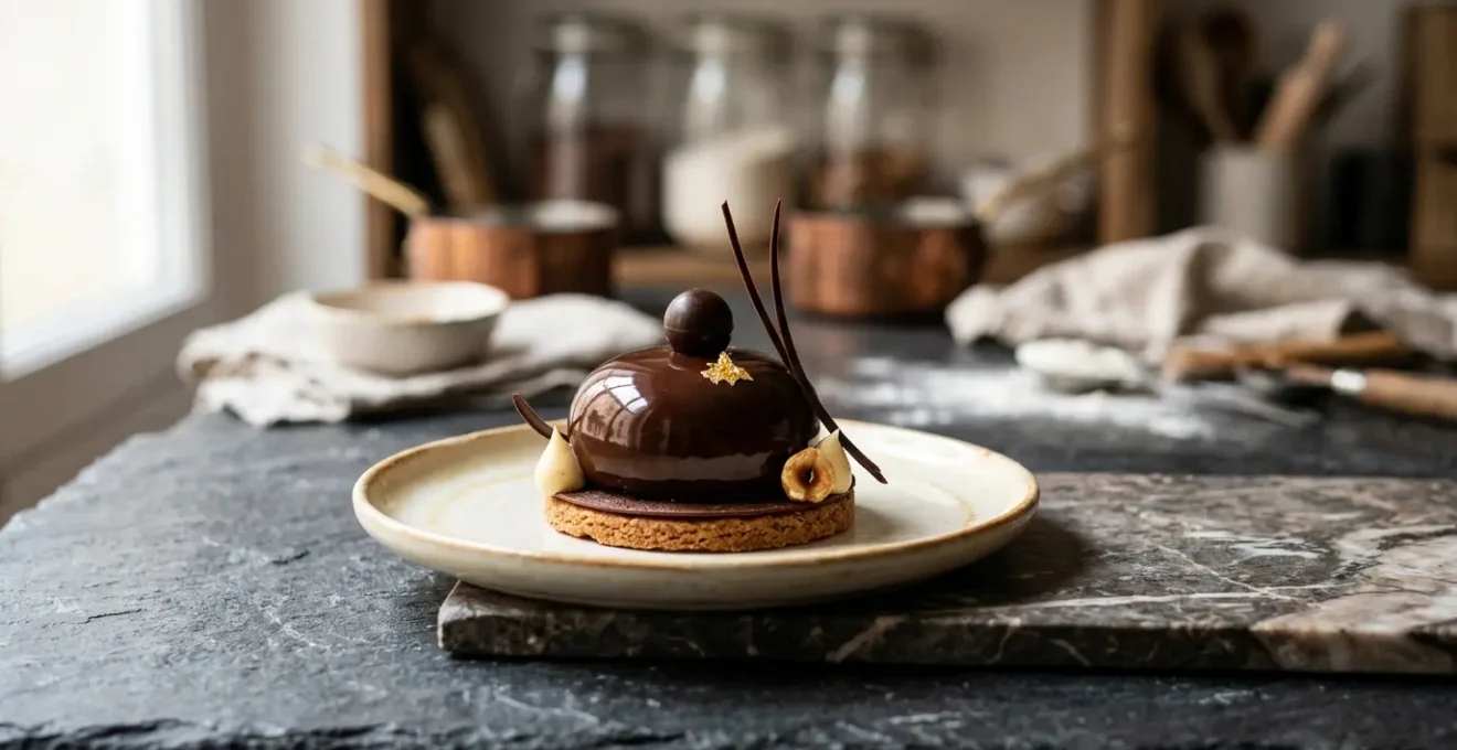 Dessert pâtissier sans gluten gastronomique dans une ambiance professionnelle française