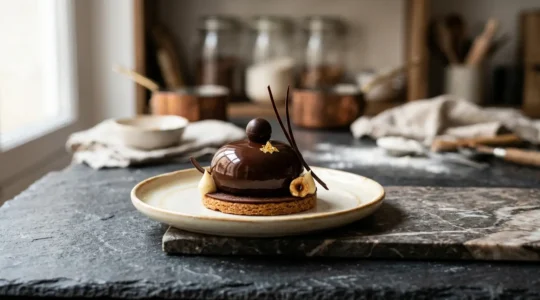 Dessert pâtissier sans gluten gastronomique dans une ambiance professionnelle française