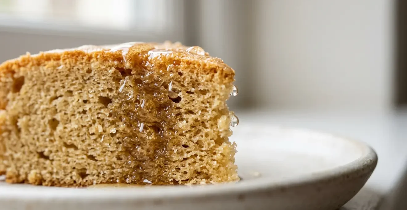 Vue rapprochée d'une génoise dorée imbibée de sirop avec des gouttes de liquide transparent, texture moelleuse visible