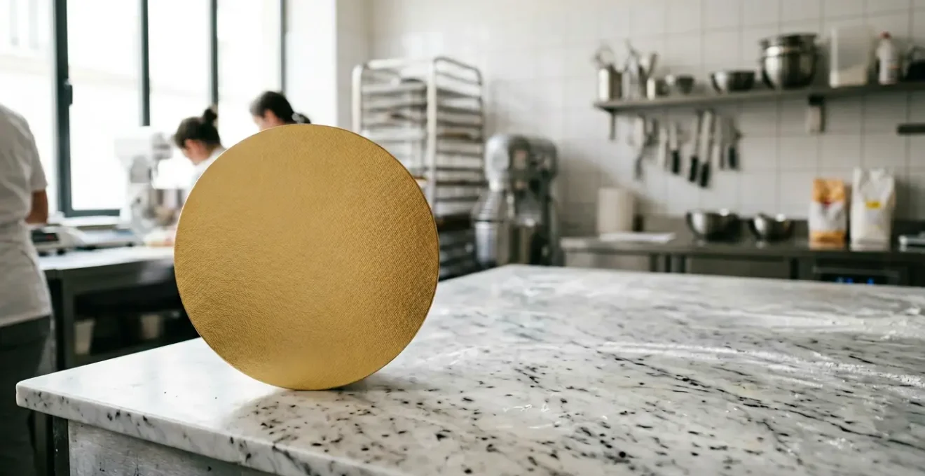 Support cartonné doré rigide avec gâteau pâtissier élégant en atelier professionnel