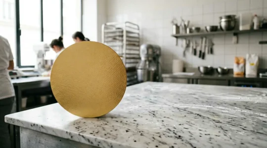 Support cartonné doré rigide avec gâteau pâtissier élégant en atelier professionnel
