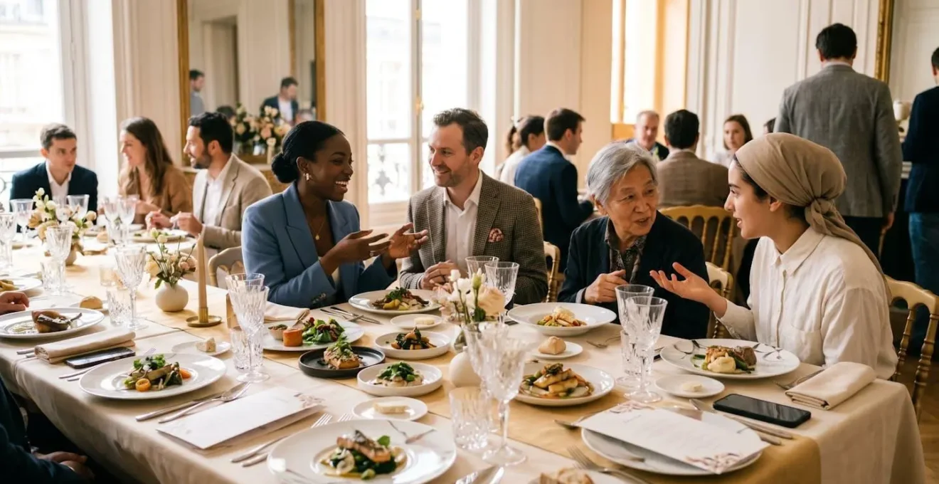 Table de réception élégante avec des convives divers partageant un repas gastronomique dans une atmosphère chaleureuse et inclusive