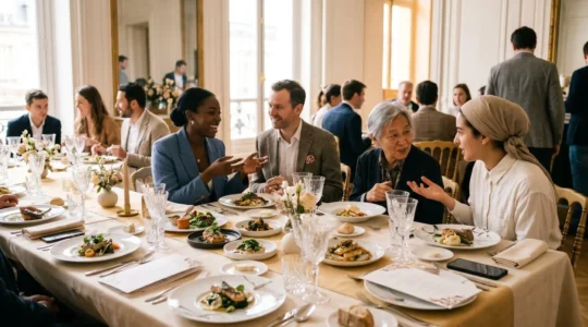 Table de réception élégante avec des convives divers partageant un repas gastronomique dans une atmosphère chaleureuse et inclusive