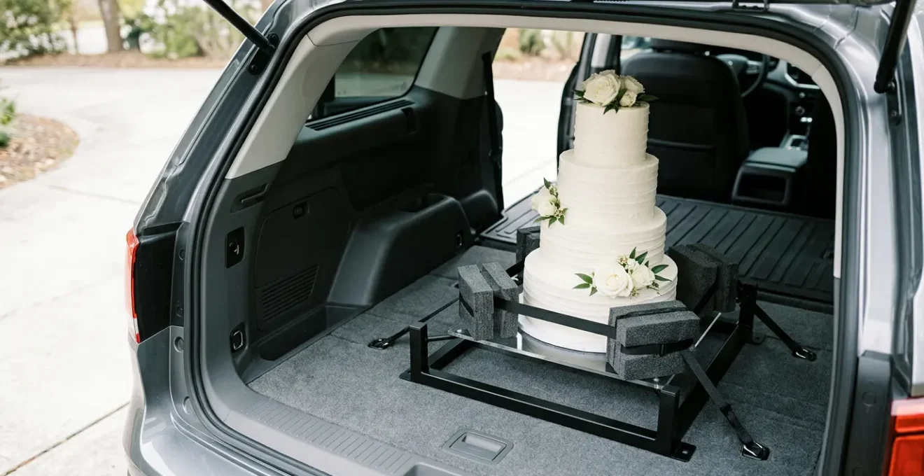 Vue d'ensemble d'une élégante pièce montée à plusieurs étages soigneusement installée dans un véhicule professionnel