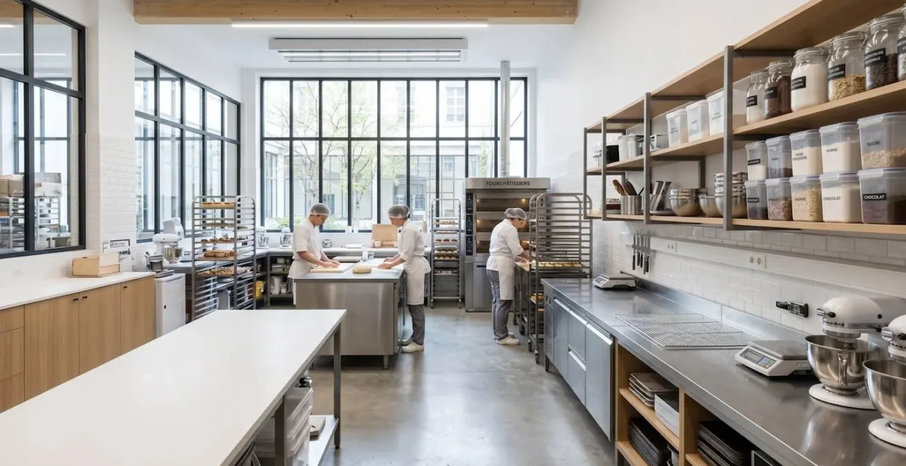 Vue grand angle d'un atelier de pâtisserie contemporain avec des étagères organisées présentant des contenants réutilisables, inondé de lumière naturelle par de grandes fenêtres