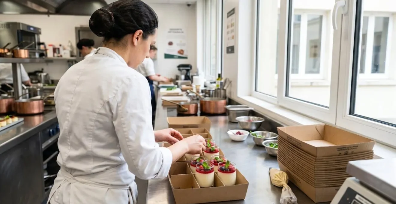 Un chef pâtissier en tenue blanche, vu de dos, arrange délicatement des verrines dans des contenants écologiques sur un plan de travail en inox dans une cuisine professionnelle lumineuse