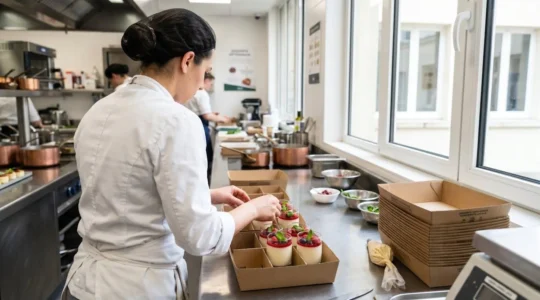 Un chef pâtissier en tenue blanche, vu de dos, arrange délicatement des verrines dans des contenants écologiques sur un plan de travail en inox dans une cuisine professionnelle lumineuse