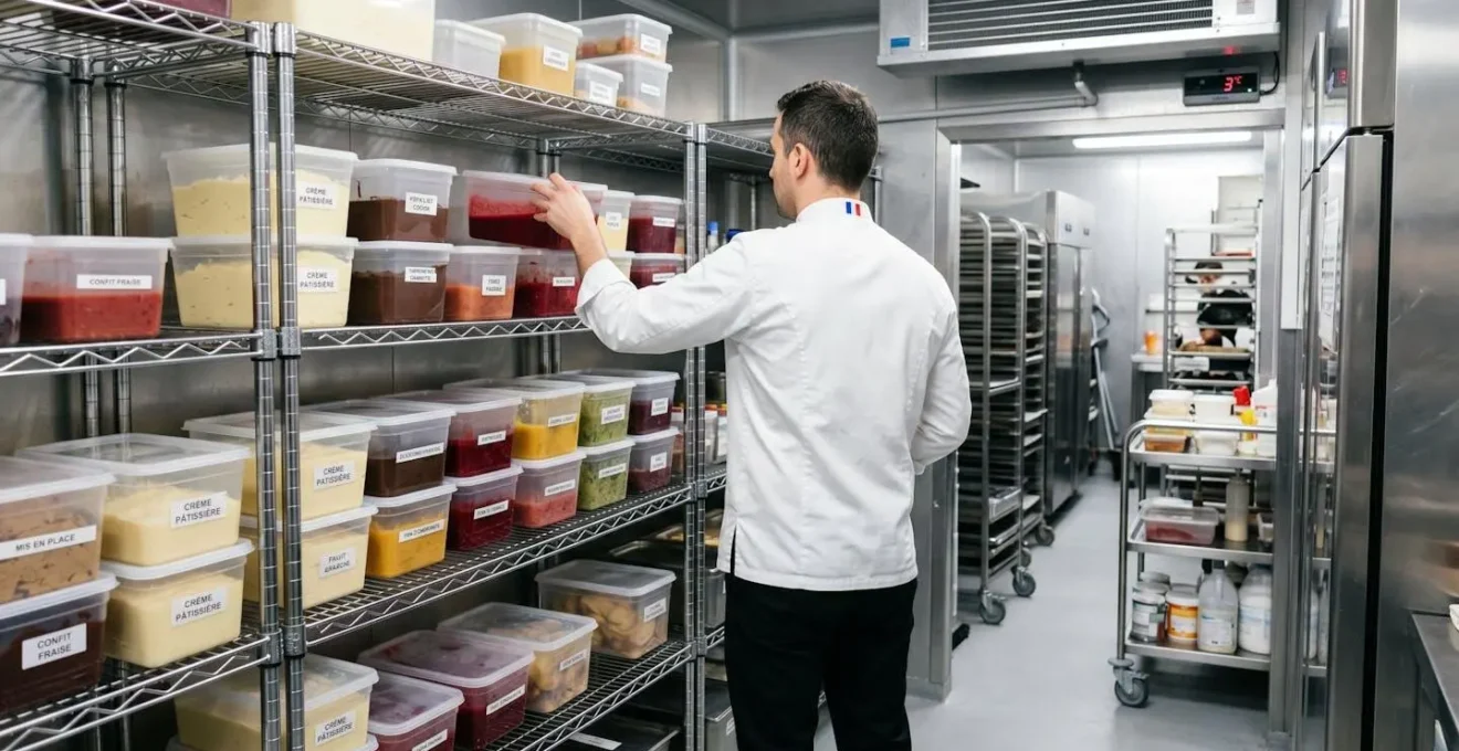 Chef pâtissier en veste blanche vu de dos rangeant des contenants alimentaires dans une chambre froide professionnelle moderne