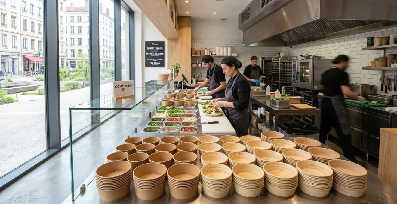 Comptoir moderne de traiteur avec plusieurs bols à salade vides en matériaux naturels disposés de manière organisée, cuisine professionnelle lumineuse en France