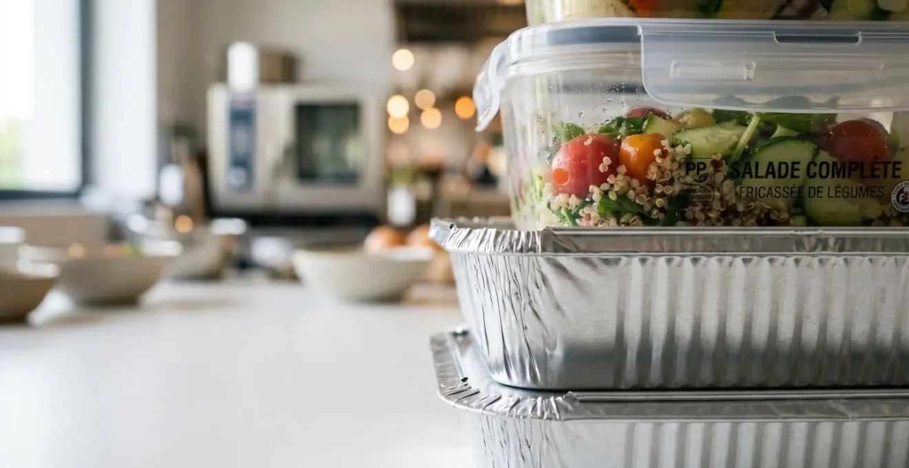 Gros plan sur des contenants alimentaires professionnels empilés, alternance de barquettes aluminium et boîtes transparentes, détail des textures de matériaux