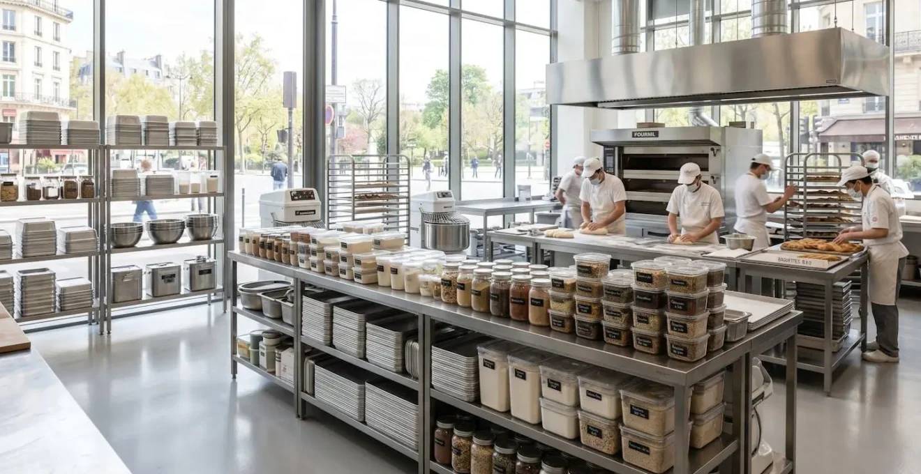Vue large d'un laboratoire de pâtisserie contemporain avec étagères métalliques et contenants alimentaires professionnels empilés de manière ordonnée, lumière naturelle abondante
