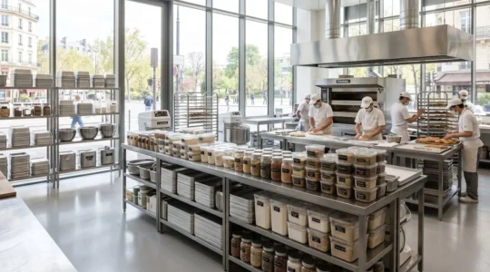 Vue large d'un laboratoire de pâtisserie contemporain avec étagères métalliques et contenants alimentaires professionnels empilés de manière ordonnée, lumière naturelle abondante