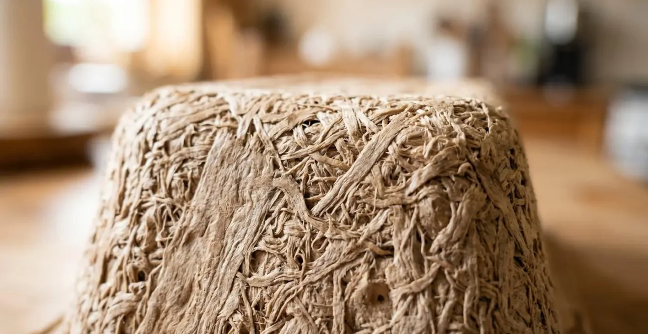 Gros plan extrême sur la texture naturelle de fibres de bois d'un contenant alimentaire biosourcé, avec un arrière-plan flouté