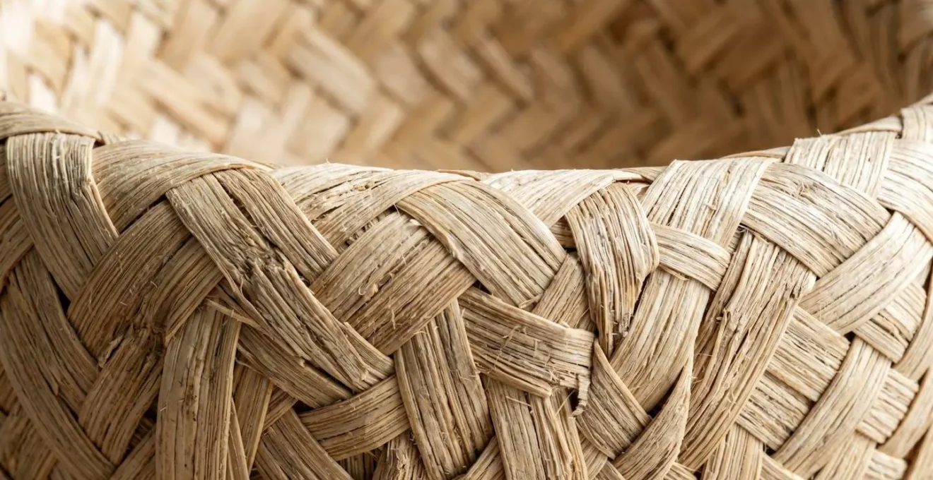 Macro photographie extrême montrant la texture des fibres naturelles d'un bol en bambou, avec détail de la matière organique visible sur une surface propre et moderne